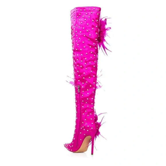 AZALEA WANG TARYN FUCHSIA SATIN FEATHER FLOWER BOOT Size 11 - Picture 4 of 5